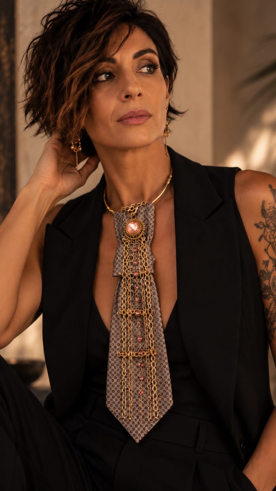 Claudia De Rosa indossa al collana cravatta gioiello Fuori Ruolo composta