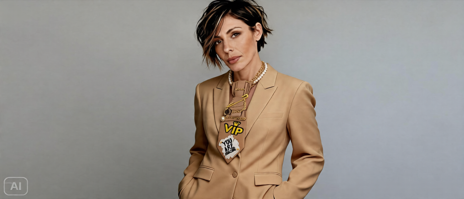 modella indossa outfit sartoriale e cravatta gioiello coordinata
