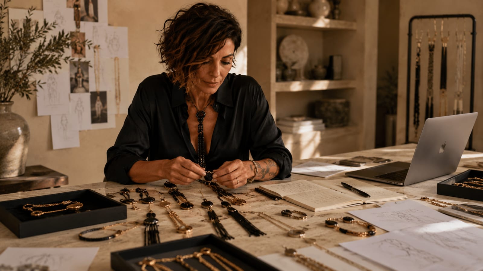 Claudia De Rosa designer al tavolo di lavoro mentre crea le cravatte gioiello
