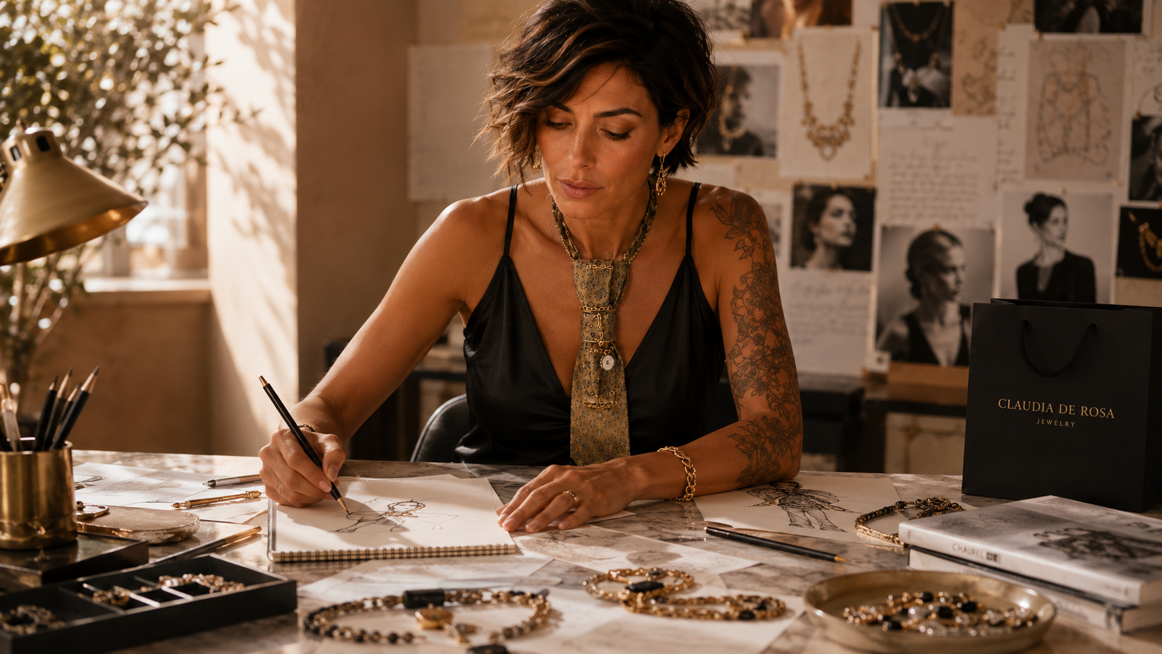 Claudia de rosa al tavolo di lavoro che realizza le sue creaioni