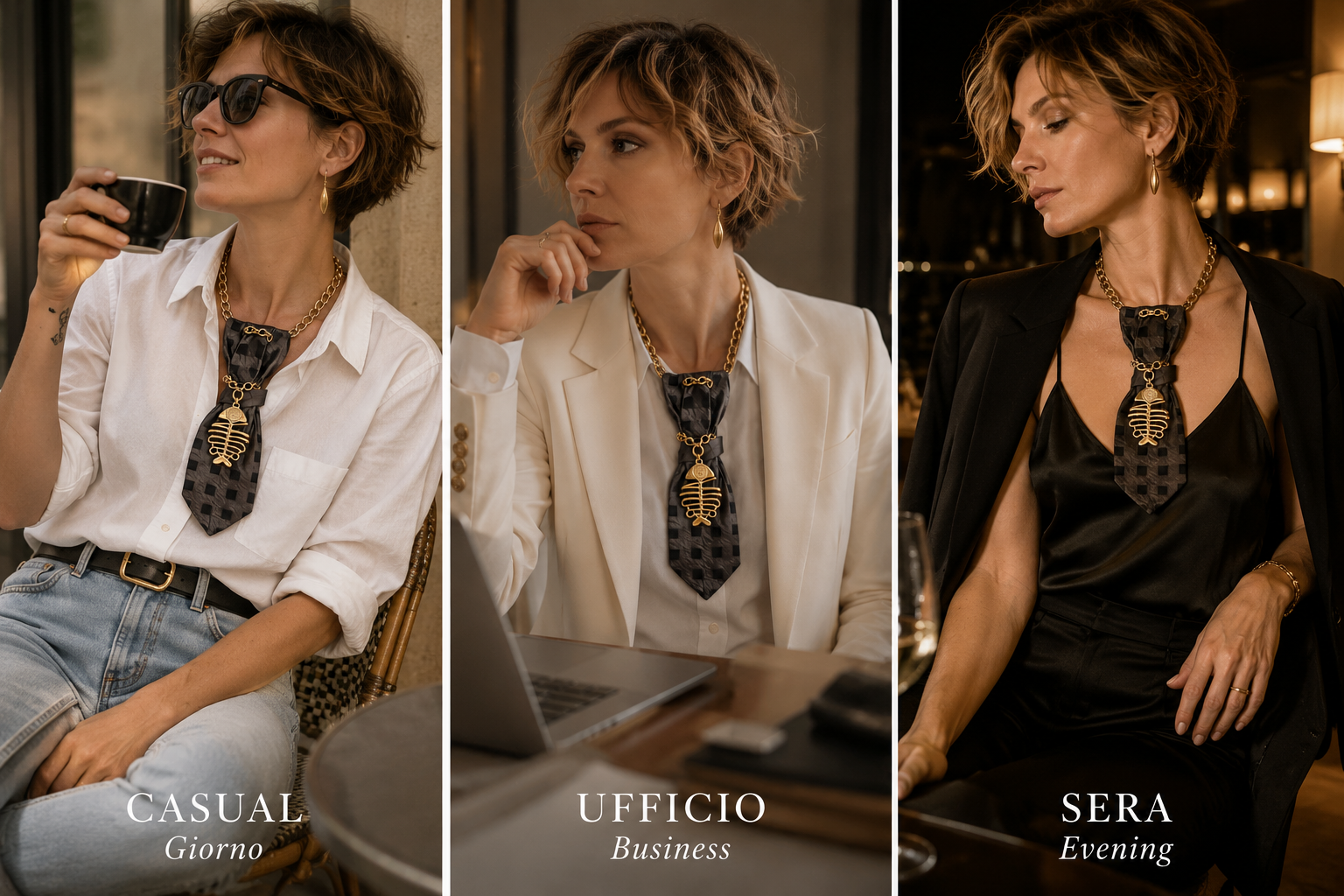 come indossare la cravatta gioiello Fish Gold in base all'occasione: casual, ufficio, sera