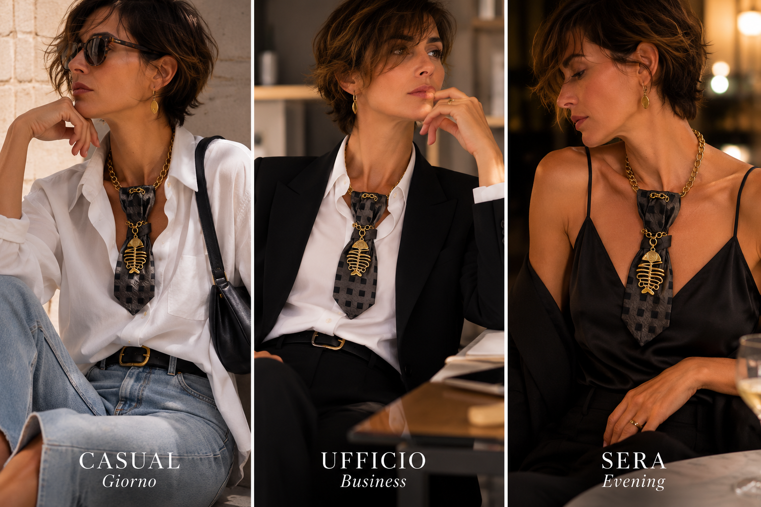 come indossare la cravatta gioiello Mystic Fish Gold in base all'occasione: casual, ufficio, sera