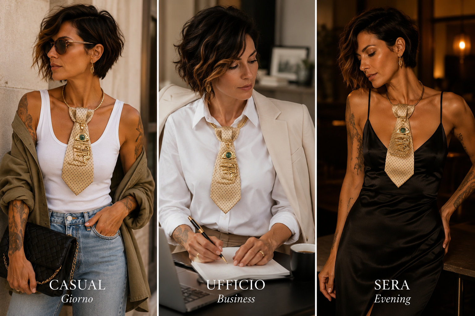 come indossare la cravatta gioiello Sandy beach in base all'occasione: casual, ufficio, sera