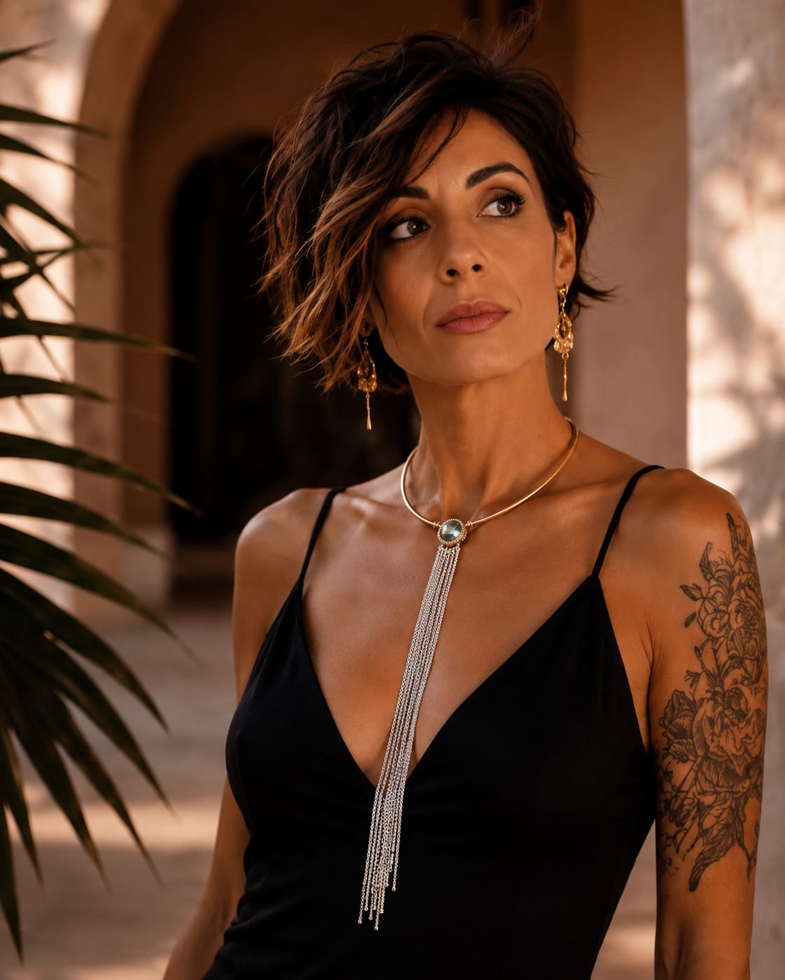modella indossa collana cravatta con catene e meccanismo componibile calamita di claudia de rosa ewelry