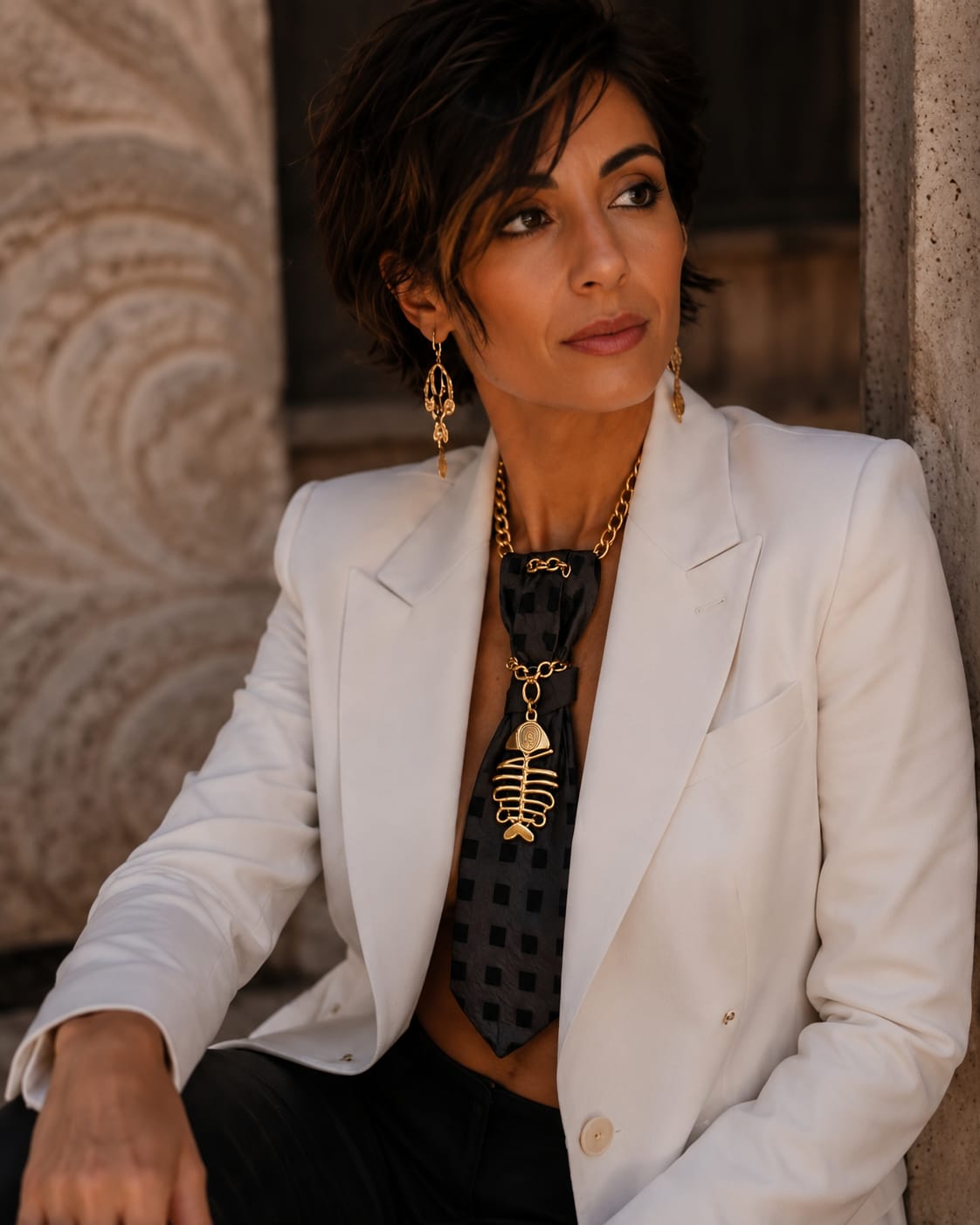 modella indossa blazer sartoriale e cravatta gioiello fish gold
